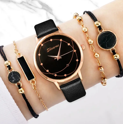 5pcs Set Women Fashion Watch Casual Leather Belt Watches Ladies Starry Sky Dial Quartz Wristwatches Dress Clock Reloj Mujer