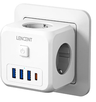 LENCENT Wall Socket Extender with 3 AC Outlets 3 USB Ports And1 Type C 7-in-1 EU Plug Charger On/Off Switch for Home