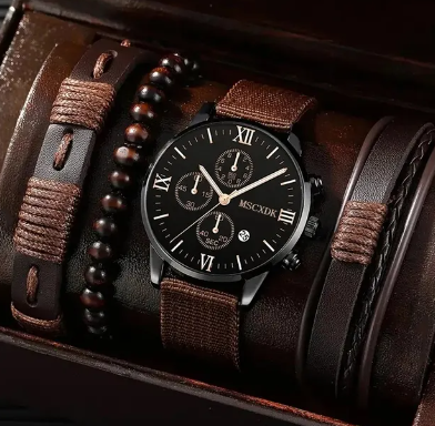 4pcs Quartz Watches Bracelet Watch Set For Men Business Fashion Casual Round Pointer Calendar Watch Accessories